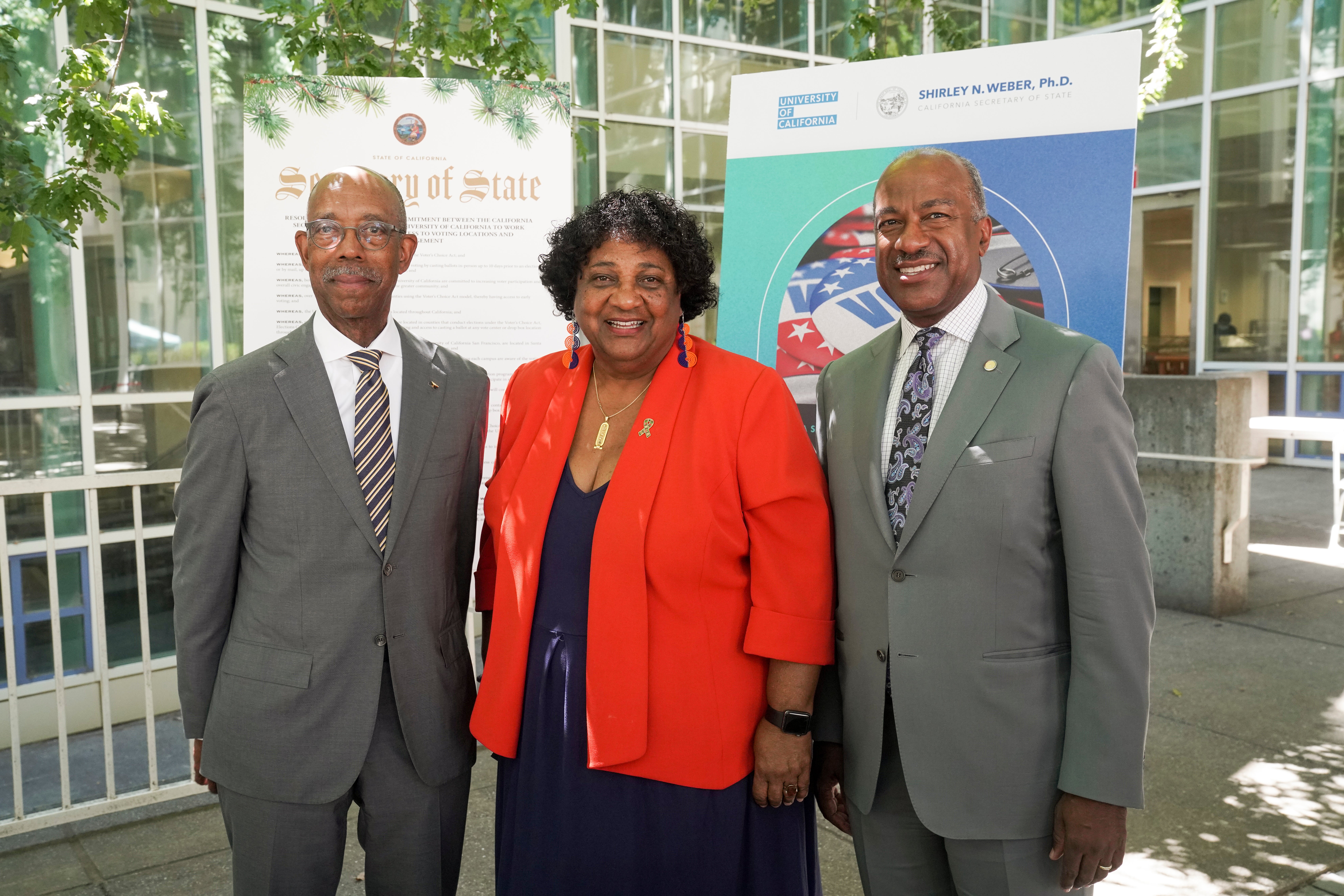 UC President Drake, California Secretary of State Weber and UC Davis Chancellor May