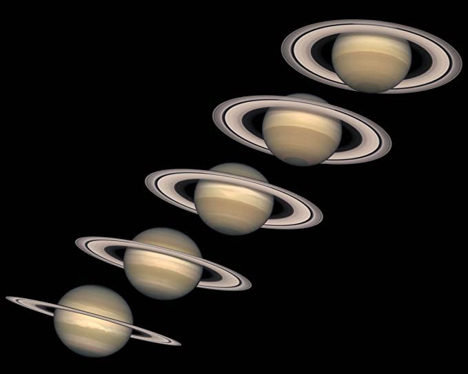 Saturn's seasons, the rings from different perspectives: At lower left, the northern hemisphere is experiencing autumn. At upper right, the northern hemisphere is in winter.