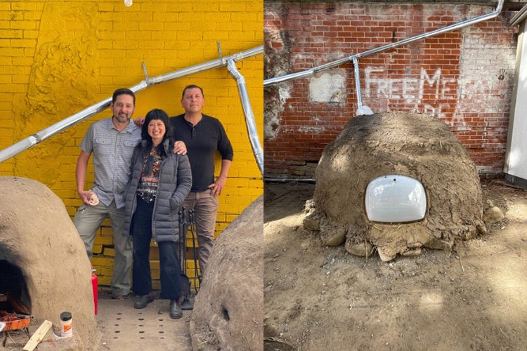 Two pictures, side by side: Three people next to clay ovens; a clay oven