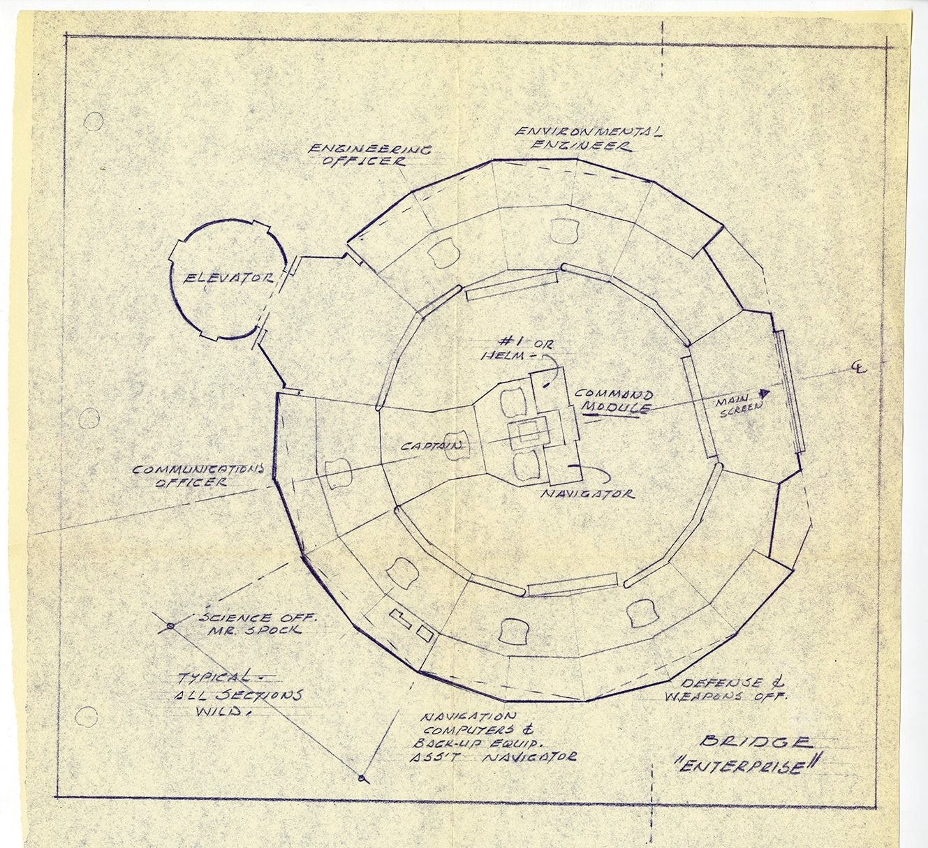 A blueprint of the USS enterprise on yellowed paper
