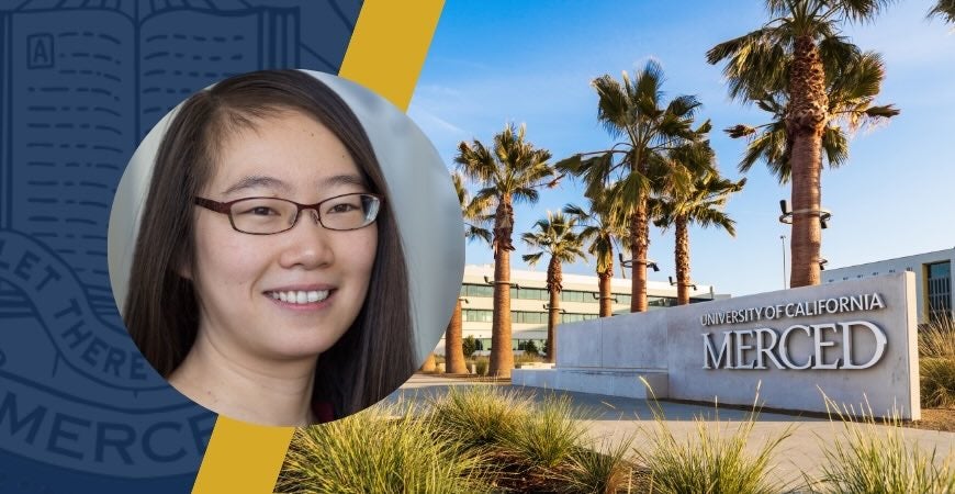 A circular headshot of a woman superimposed over a photo of a sign on campus at UC Merced