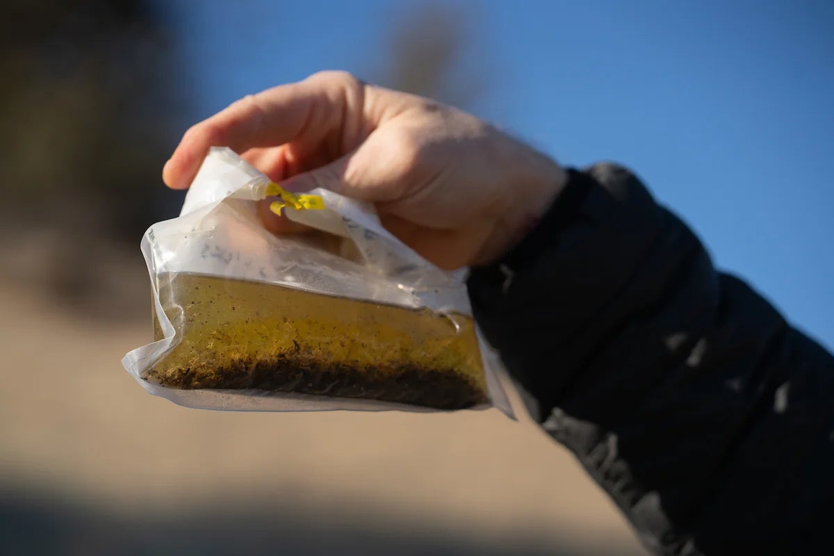 a hand holding a plastic bag with a sample of river water