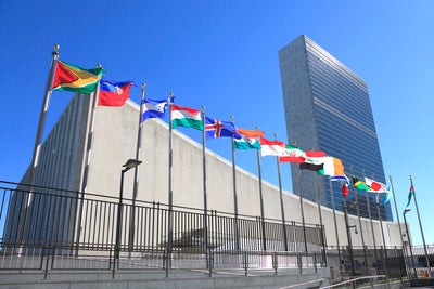 UN Headquarters photographed from street level on a sunny day, the breeze blowing the UN flags 
