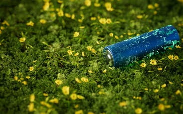A battery on a bed of grass and flowers