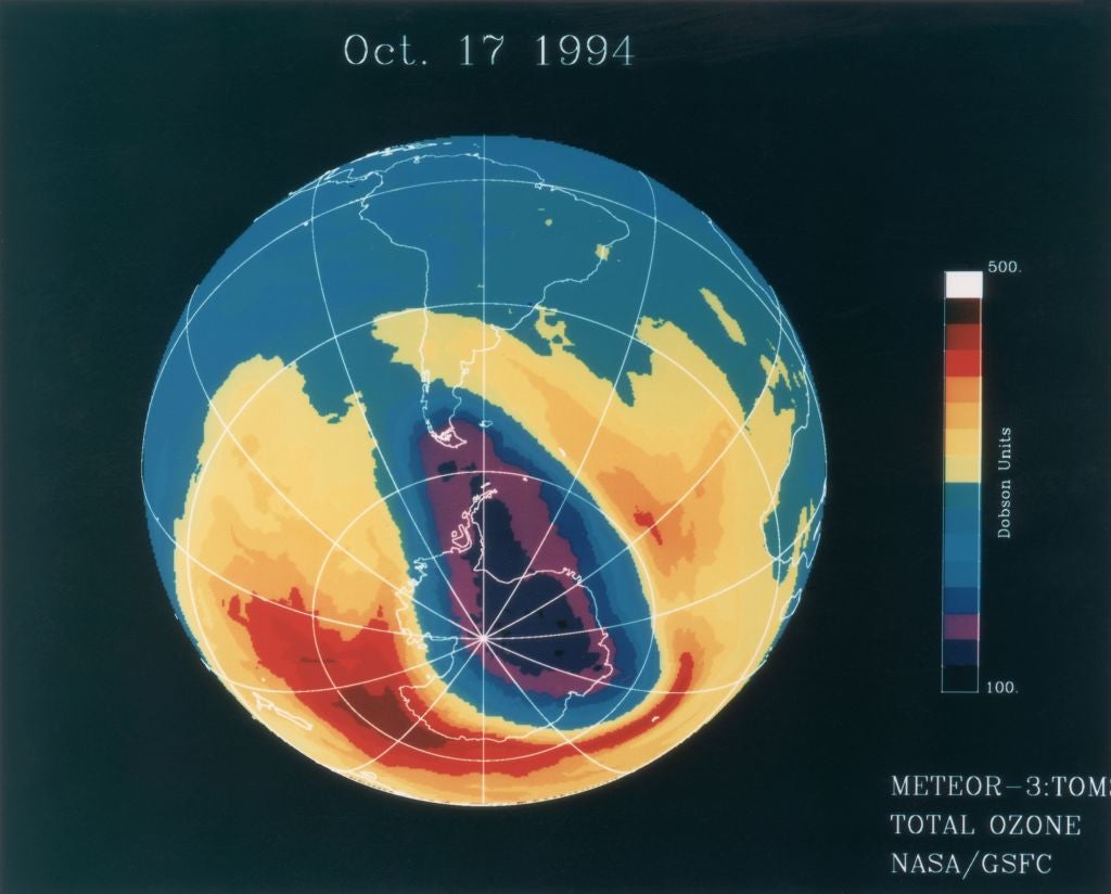 A 1994-era graphic showing the location and extent of the hole in the ozone layer over Antarctica