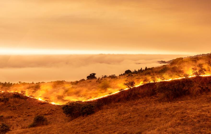 A wildfire burns in Sonoma County in 2020 under an orange smokey sky