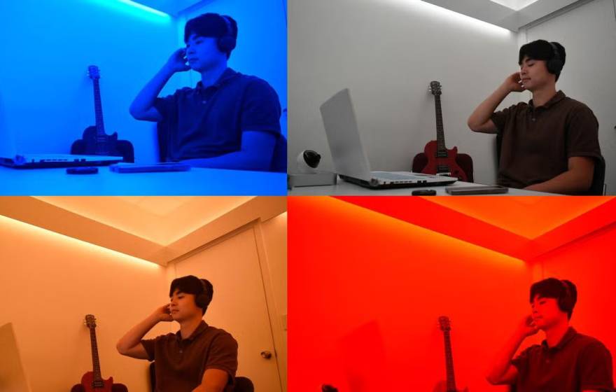 A man listening to music in 4 different light environments