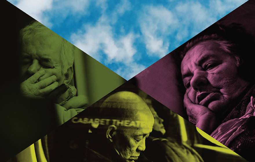 A collage of three older people sleeping and a bright slightly cloudy sky