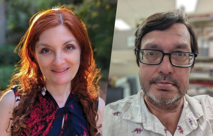 A pale woman with red hair, Smadar Naoz, and a white man with glasses and a goatee, Doug Johnson